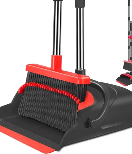 kelamayi Upgrade Stand Up Broom and Dustpan Set, Self-Cleaning with Dustpan Teeth, Ideal for Dog Cat Pets Home Use, Super Long Handle (Gray&Orange)