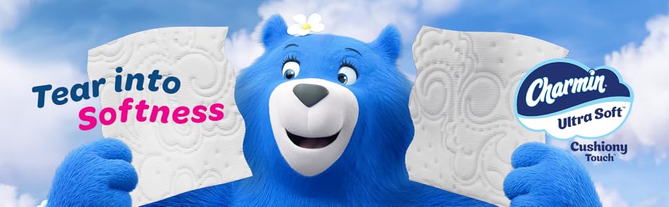 Molly bear tearing into Charmin Ultra Soft Smooth Tear.